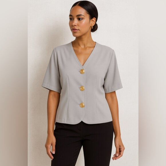 Vintage Marilyn Athens Gray Blouse Top Size 46 Gold Spiral Buttons Short Sleeve - Picture 1 of 12